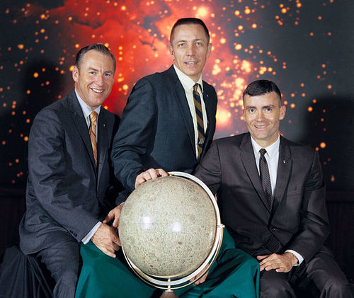 The Apollo 13 crew from left to right: James A. Lovell Jr., John L. Swigert Jr., and Fred W. Haise Jr.