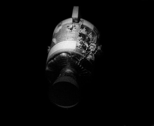 View of Apollo 13's crippled Service Module after separation