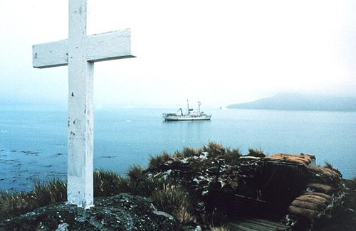 Memorial cross for Sir Ernest Shackleton in Grytviken, South Georgia Island.
