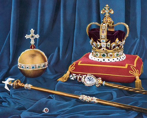 St Edward's Crown, and the sovereign's orb, sceptres and ring - part of the Crown Jewels.
