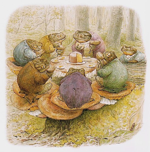 Fungi still found their way into Potter's illustrations, like this one of toad's perched on hyper-realistic Dryad's Saddle mushrooms. 