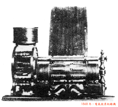 A photograph of Edison first patented invention: the voting machine.
